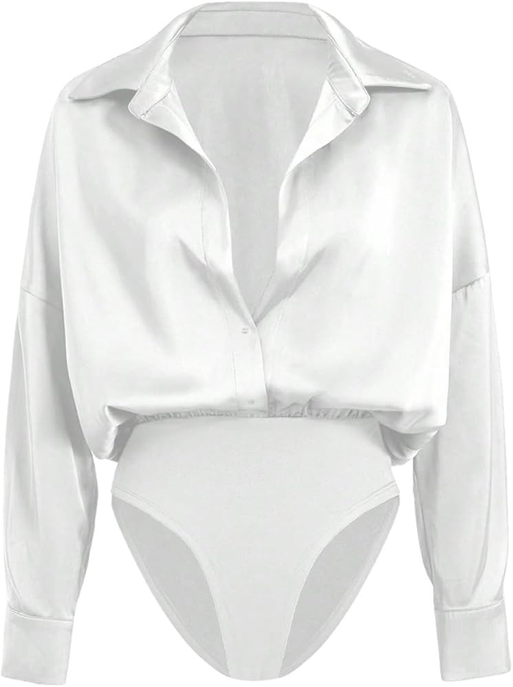 GORGLITTER Women's Deep V Neck Long Sleeve Shirts Bodysuit Satin Button Down Party Night Sexy Leo... | Amazon (US)