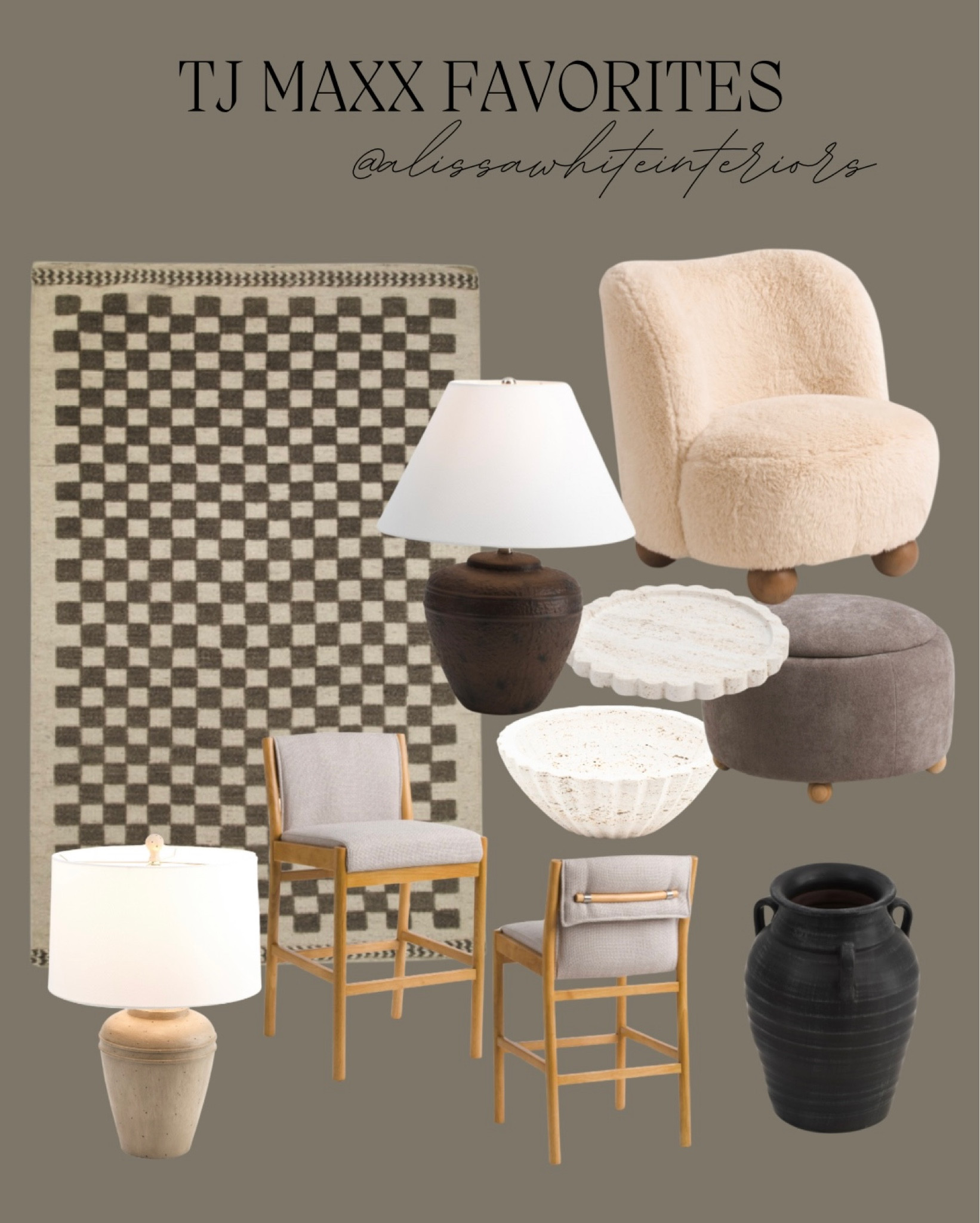TJ Maxx favorites. Checker rug. Travertine. Travertine bowl. Vintage vase. Pottery lamp. Barstools. Area rug. 

#LTKhome #LTKsalealert #LTKfindsunder50