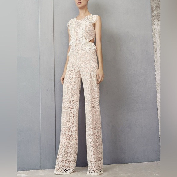 ALEXIS Anka Fall 2019 Runway Ruffle Side Cutout Ivory Lace Flared Jumpsuit Small | Poshmark