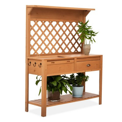 Outsunny Garden Potting Bench, Outdoor Wooden Workstation Table w/ Metal Screen, Drawer, Hooks, Storage Shelf, and Lattice Back for Patio and Porch | Target