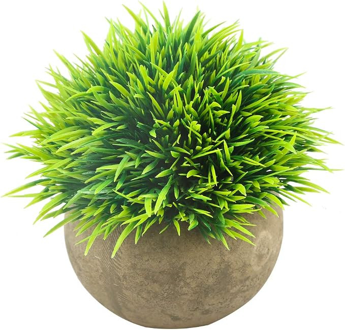 Mini Artificial Plants, Plastic Fake Green Grass Faux Greenery Topiary Shrubs with Grey Pots for ... | Amazon (US)