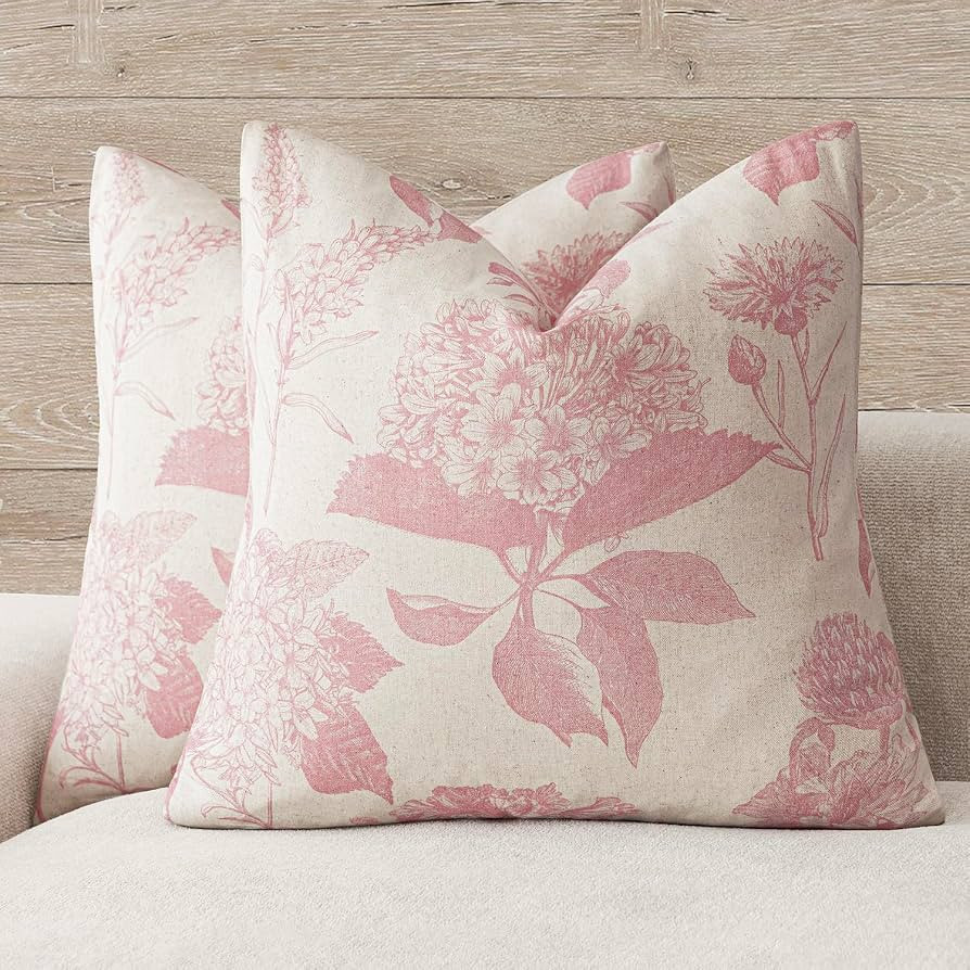 Foindtower Set of 2 Linen Floral Throw Pillow Covers Neutral Vintage Print Decorative Cozy Cushio... | Amazon (US)