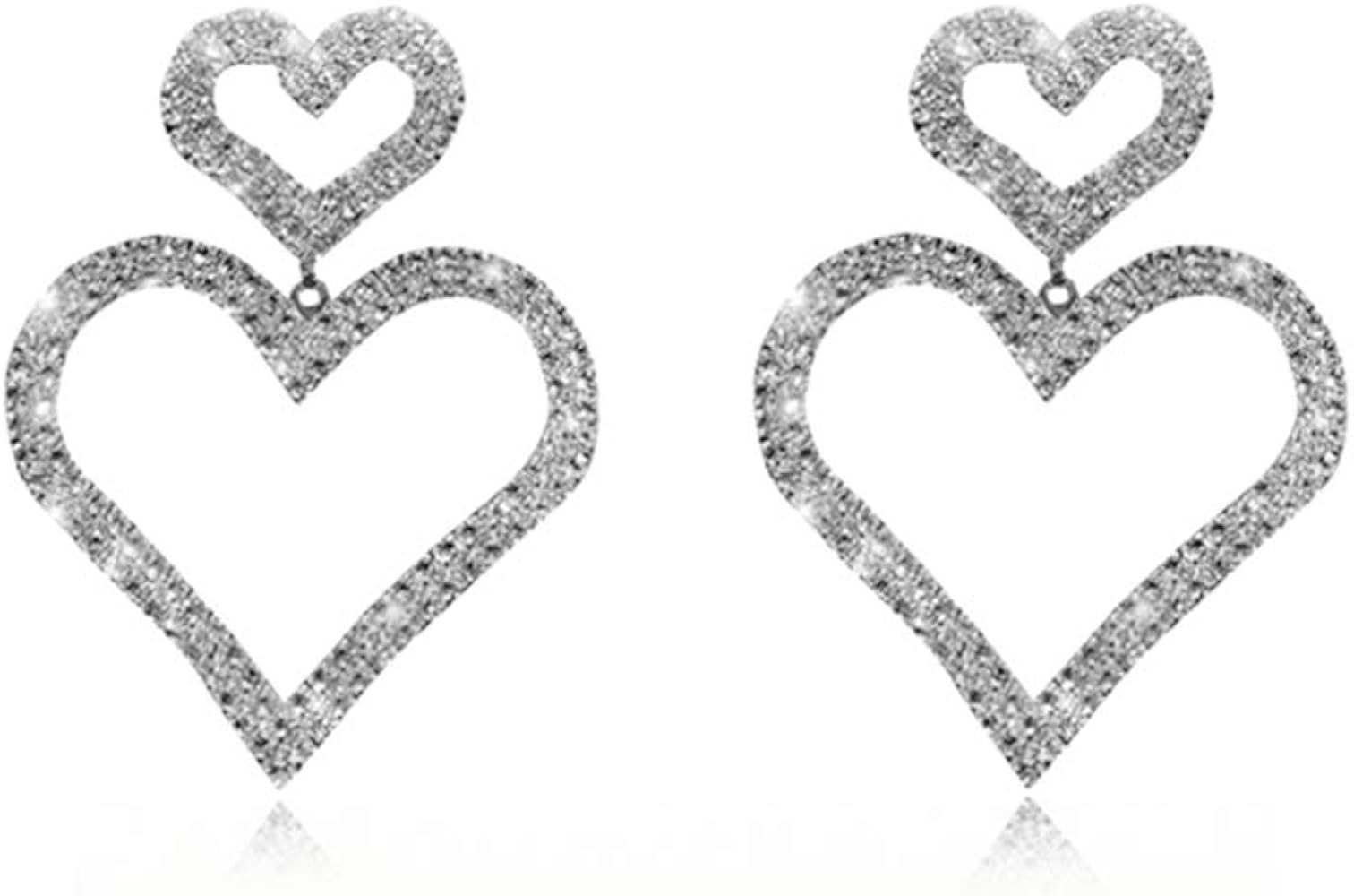 Just Follow Big Hollow Love Heart Long Dangle Earring for Women Girls Shiny Crystal Sterling Silv... | Amazon (US)