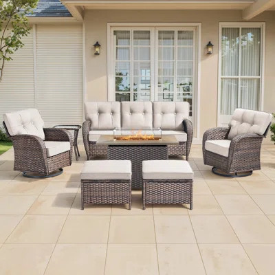Harbor 7-Piece Outdoor Wicker Patio Furniture Sofa Set With 55,000 BTU Fire Pit Table, Swivel Chairs, Ottomans & Side Tables | Wayfair North America