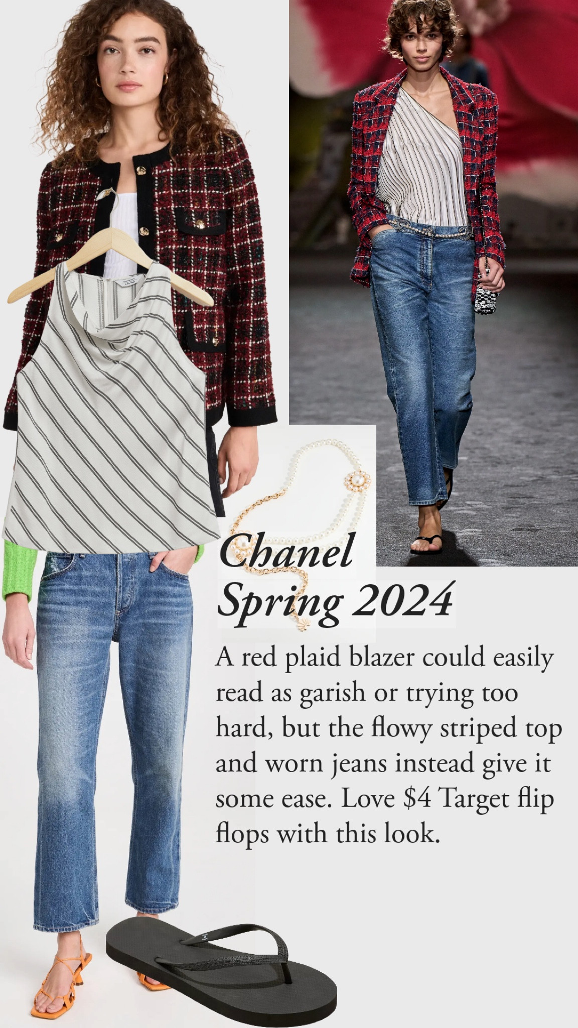 A red plaid blazer could easily come across as garish or trying too hard, but the flowy striped top and worn jeans instead give it some ease. 

It’s a great example of more is more: more relaxed, more confident, more cool. 

Love a pair of $4 Target flip flops with the look. They really reinforce the louche vibe 

#LTKfindsunder50 #LTKSeasonal #LTKstyletip