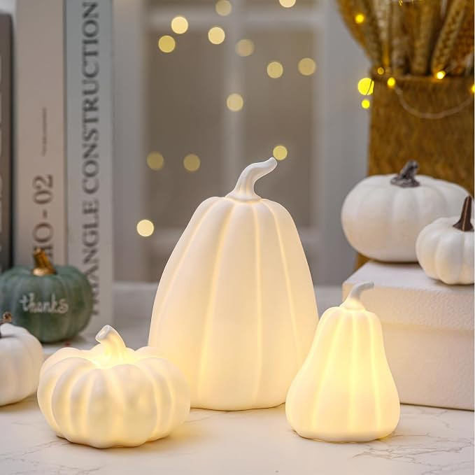 Domensi 3 Pcs Fall Lighted Ceramic Pumpkin Decorations Autumn Table Centerpiece, Porcelain White ... | Amazon (US)