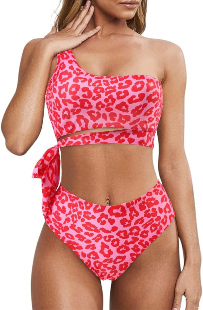 MOOSLOVER Women One Shoulder High Waisted Bikini Tie High Cut Two Piece Swimsuits | Amazon (US)