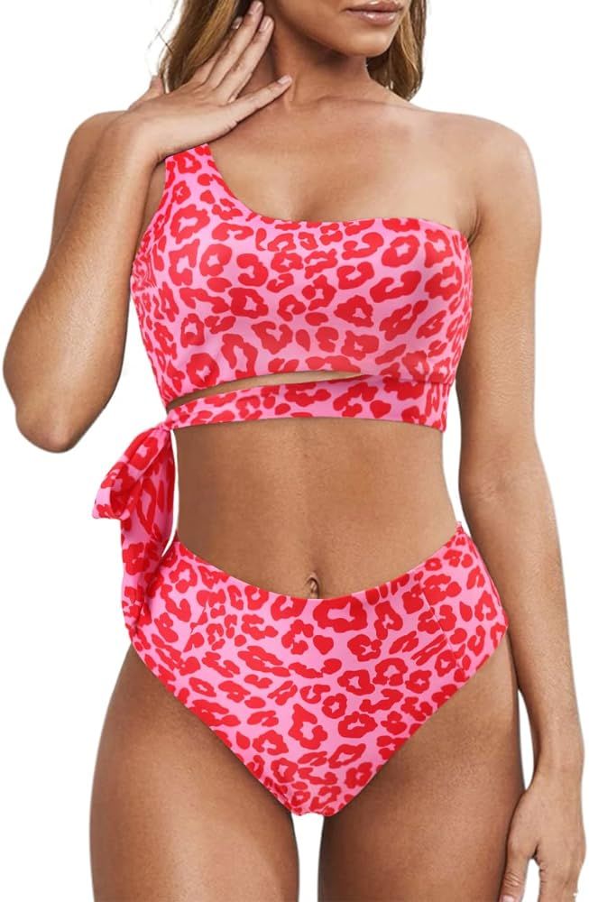 Amazon.com: MOOSLOVER Women One Shoulder High Waisted Bikini Tie High Cut Two Piece Swimsuits(M,P... | Amazon (US)