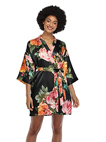 MissNina Women's Floral Satin Kimono Robes Short Silky Bridesmaid Robes Sleepwear Black | Amazon (US)