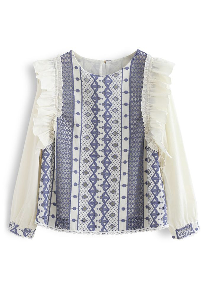 Embroidery Eyelet Ruffle Tassel Top in Blue | Chicwish