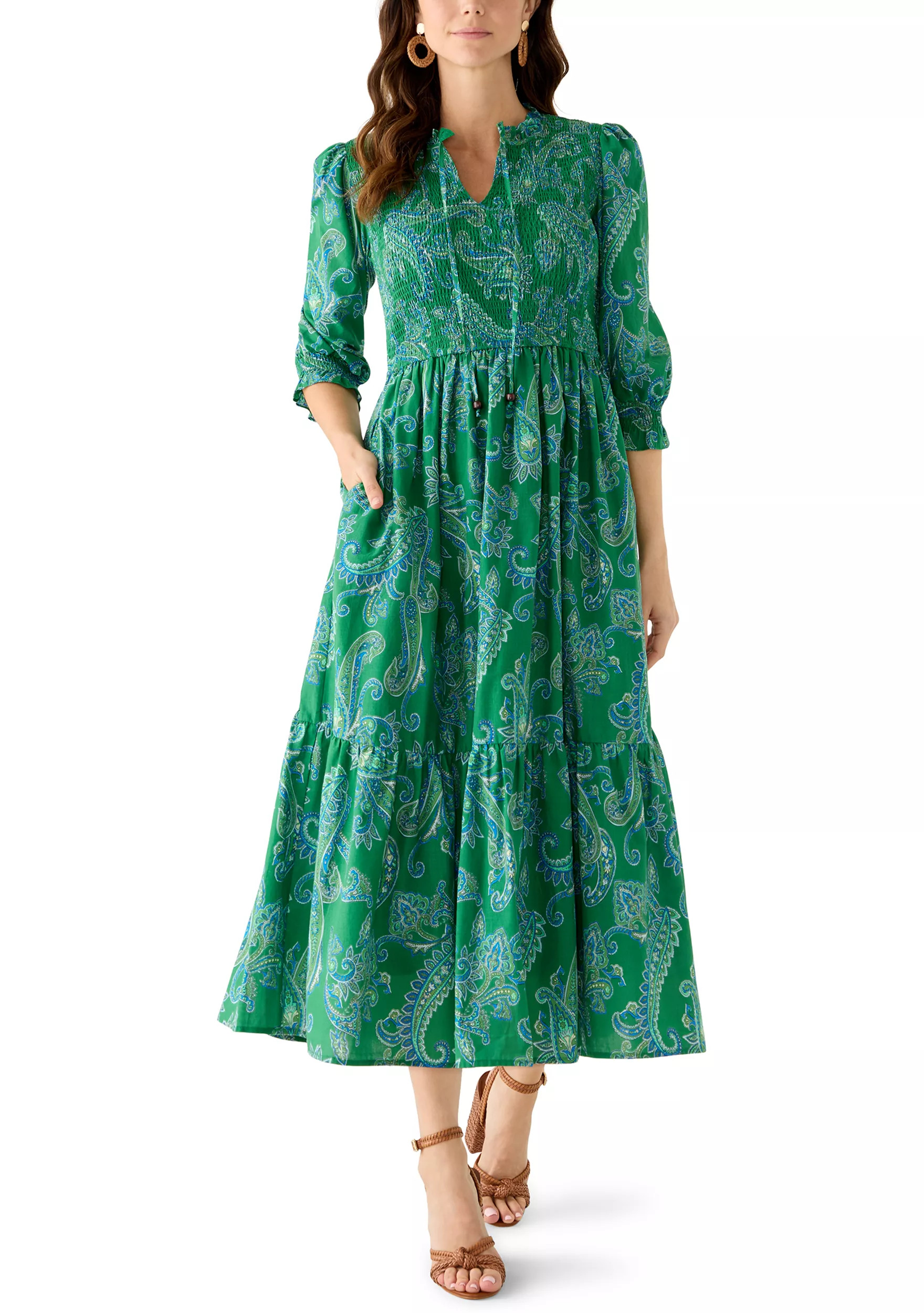 Women's Short Sleeve Smocked Paisley Midi Dress | Belk