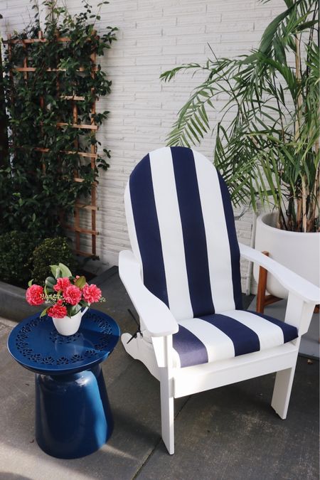 Adirondack chair, blue and white stripe cushion, blue outdoor accent table 

#LTKhome #LTKSeasonal #LTKsalealert