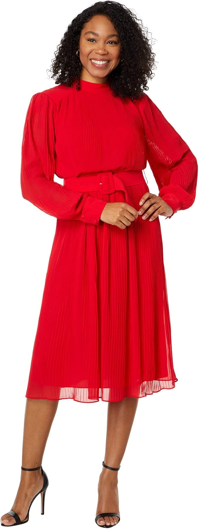 Maggy London Women's Mock Neck Pleated Georgette Dress with Belt | Amazon (US)