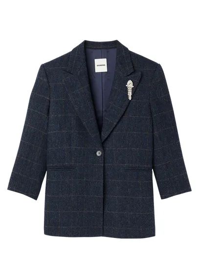 VESTE DE TAILLEUR À CARREAUX EN LAINE BLEU MARINE SANDRO - FEMME | Place des Tendances | Place des tendances (FR)