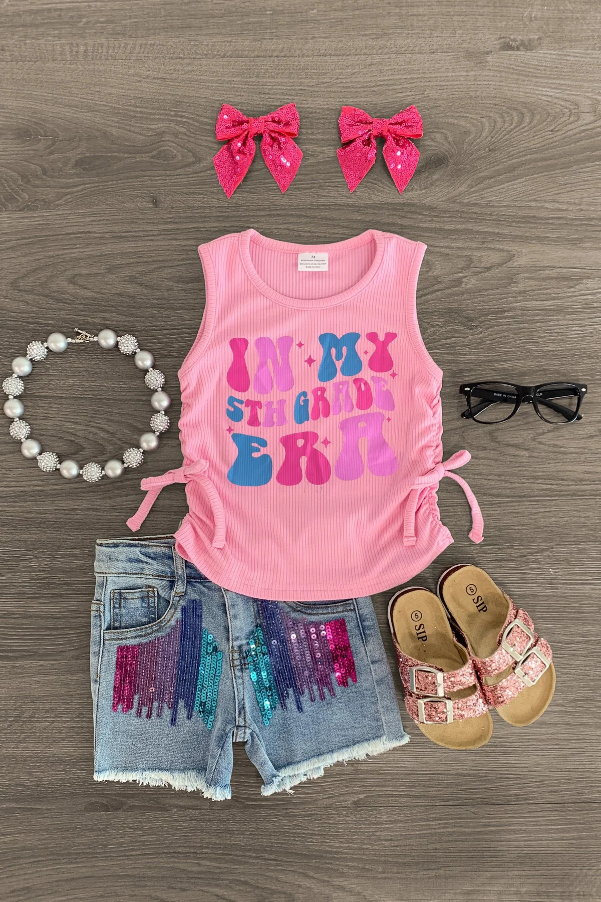 "In My Pre-K - 6th Grade Era" Denim Short Set | Sparkle In Pink