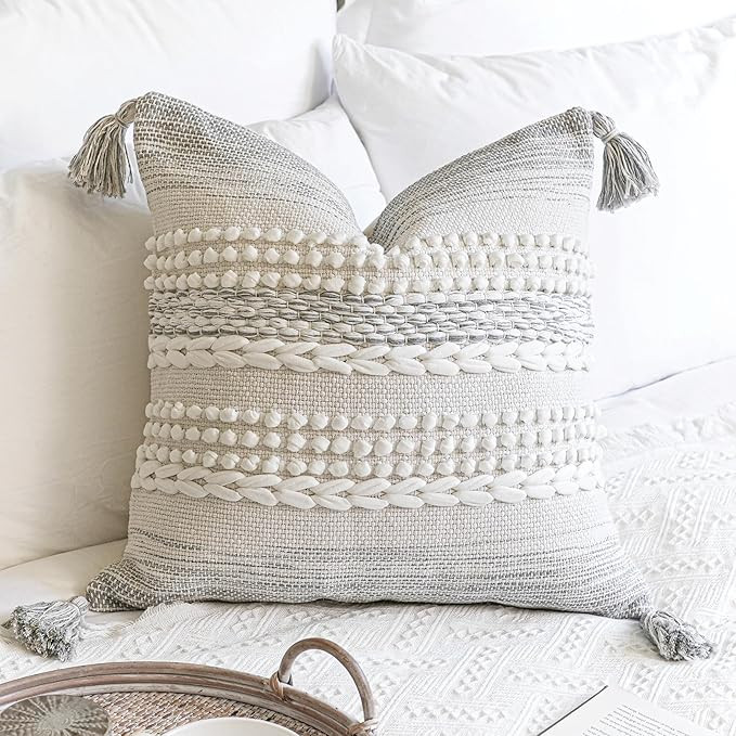 Gray Decorative Throw Pillow Cover 20X20, Boho Accent Pillow for Couch, Square Modern Farmhouse P... | Amazon (US)