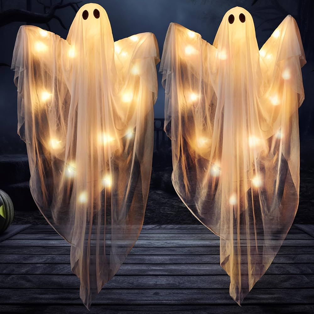 JOYIN 2 Pcs 47” Halloween Light up Hanging Ghost Decoration Outdoor with Warm LED Light, Hallow... | Amazon (US)