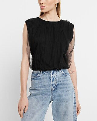 Skimming Tulle Padded Shoulder Tank | Express