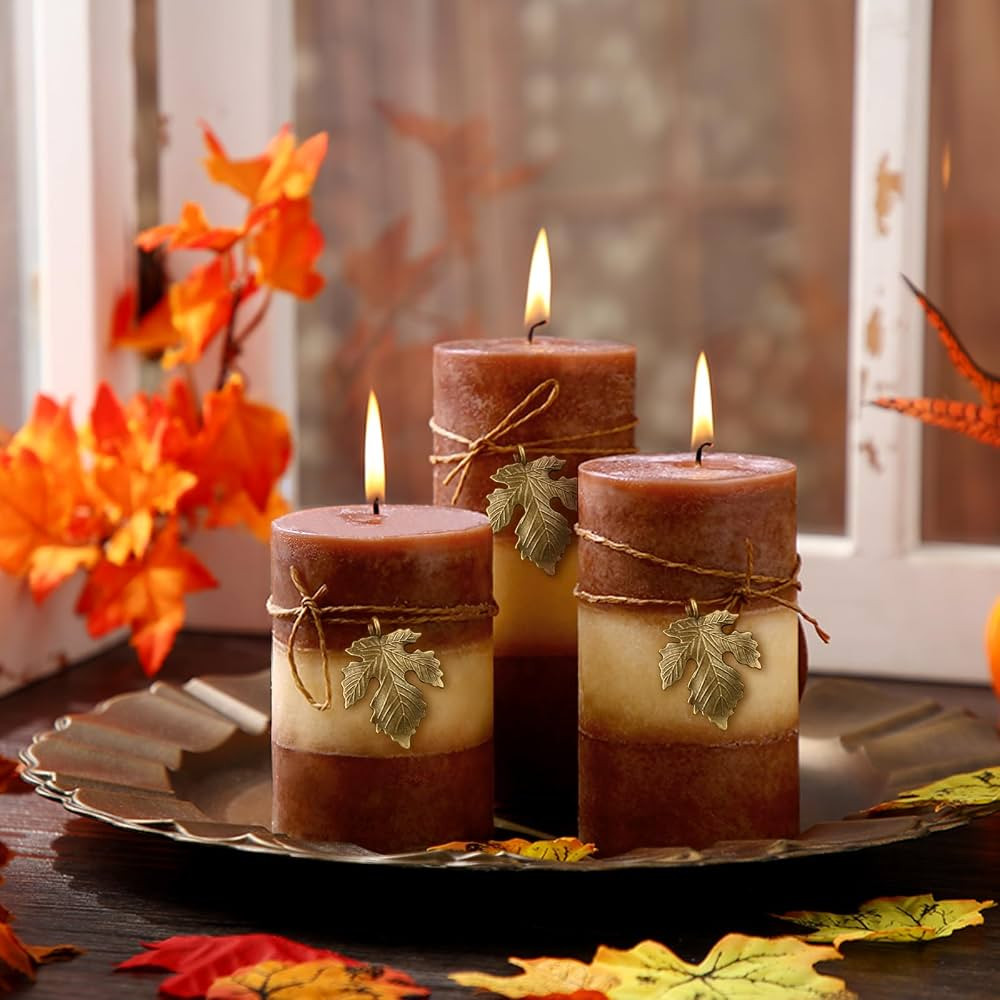 3 Pcs Fall Pillar Candles Decorative Autumn Brown Pillar Layered Candles with Ornaments Clean Bur... | Amazon (US)