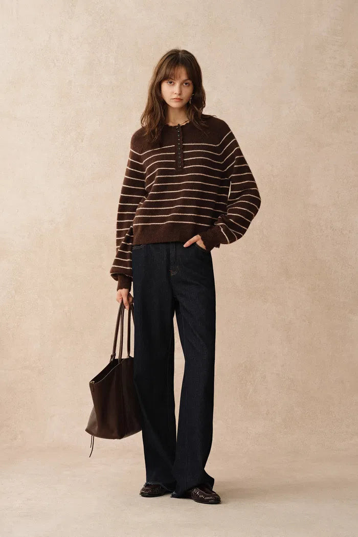 Rhea Scalloped Henley Striped Sweater in Wool-Alpaca Knit | Fabrique