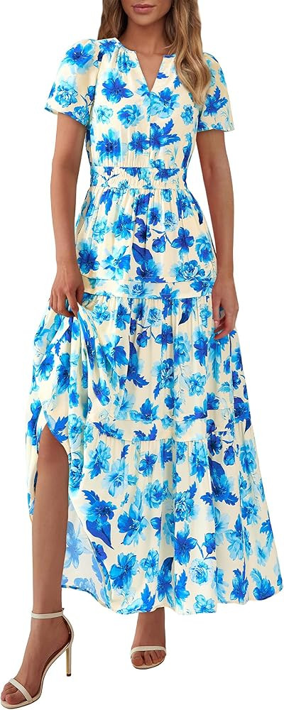 PRETTYGARDEN Women's 2025 Summer Boho Maxi Dresses Floral Short Sleeve V Neck A Line Tiered Flowy... | Amazon (US)