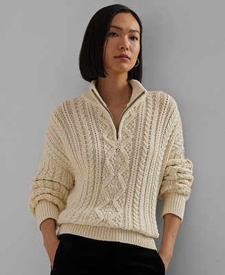 Lauren Ralph Lauren Women's Aran-Knit Cotton Quarter-Zip Pullover - Macy's | Macy's