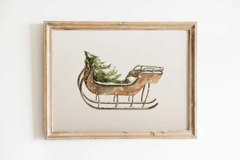 Watercolor Sleigh With Christmas Tree Printable Wall Art,vintage Sleigh Poster, Christmas Print, ... | Etsy (US)