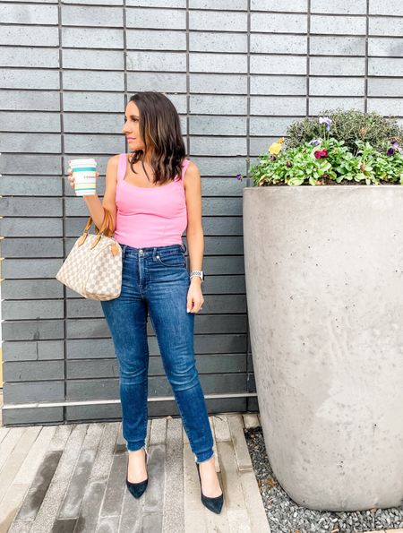 Pink corseted tank top and jeans. 
Love the fit and that both run tts. 
#ltkpetite
Abercrombie 

#LTKsalealert #LTKunder100 #LTKunder50
