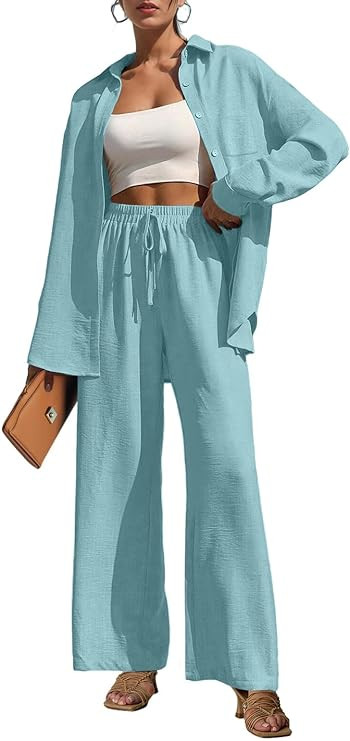 Lepunuo 2 Piece Outfits for Women Casual Lounge Sets Long Sleeve Button Down Shirts and Wide Leg ... | Amazon (US)