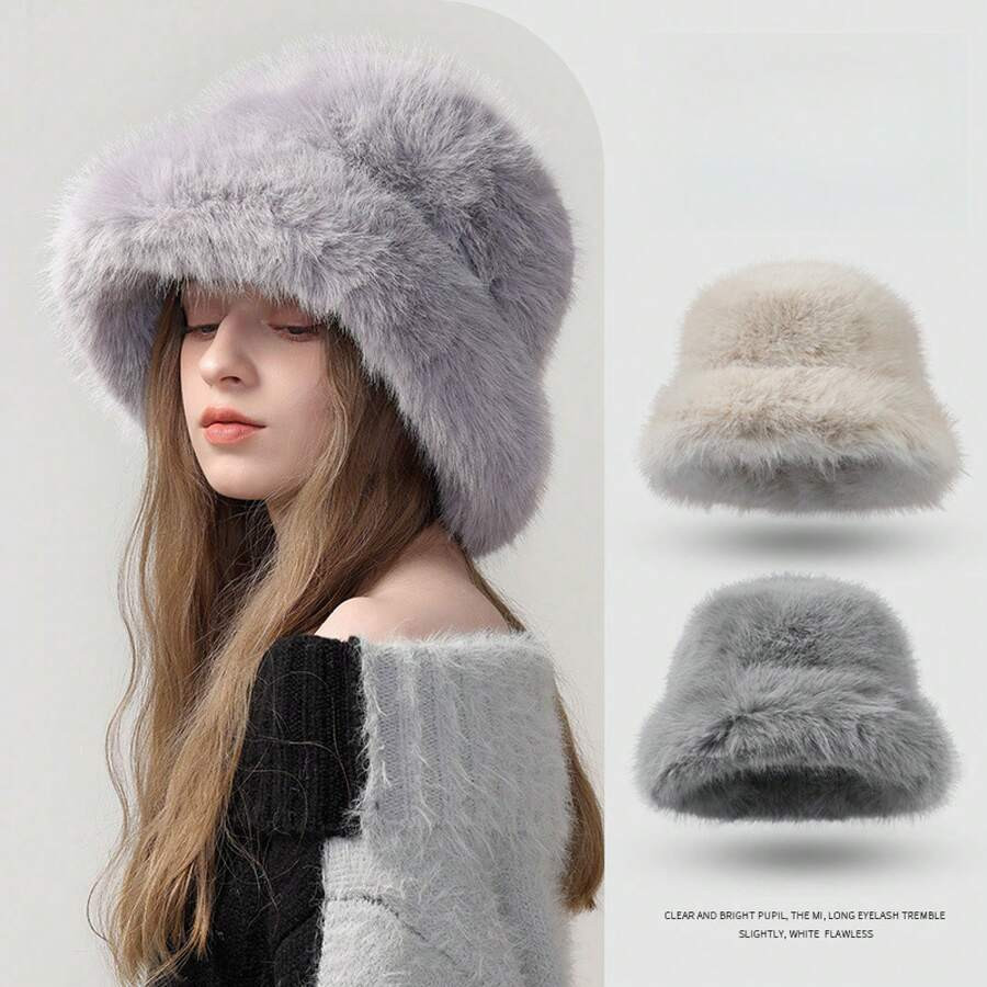 1 PC Imitation Rabbit Fur Hat For Women, Autumn And Winter Plush Fisherman Hat, Solid Color, Warm... | SHEIN