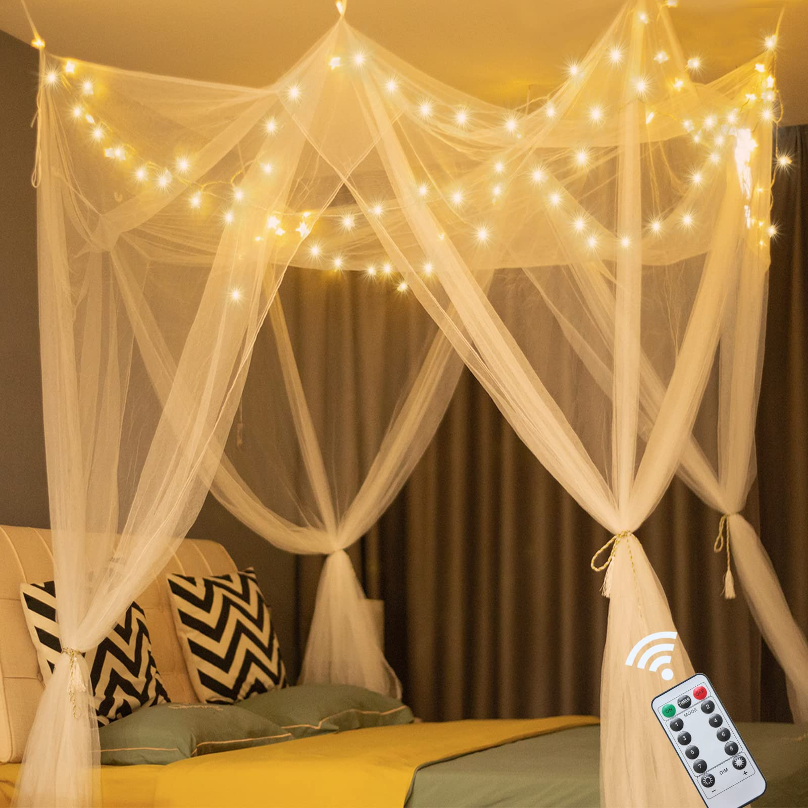 Obrecis White Bed Canopy with Lights for Girls Bedroom Decor, 8 Corner Princess Canopy Bed Curtai... | Amazon (US)