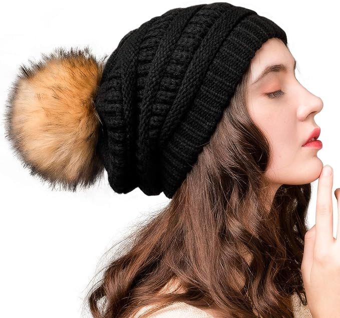 FURTALK Womens Winter Knit Slouchy Beanie Hat Warm Skull Ski Cap Faux Fur Pom Pom Hats for Women | Amazon (US)