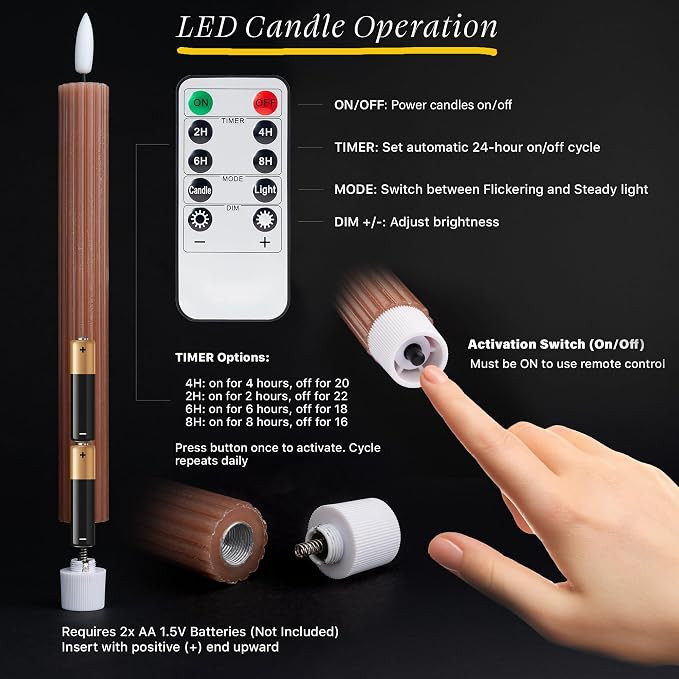 Mocha Brown Coordinated Chocolatey 4 Pack Set, 10" LED Flameless Fluted Ribbed Grooved Taper Cand... | Amazon (US)