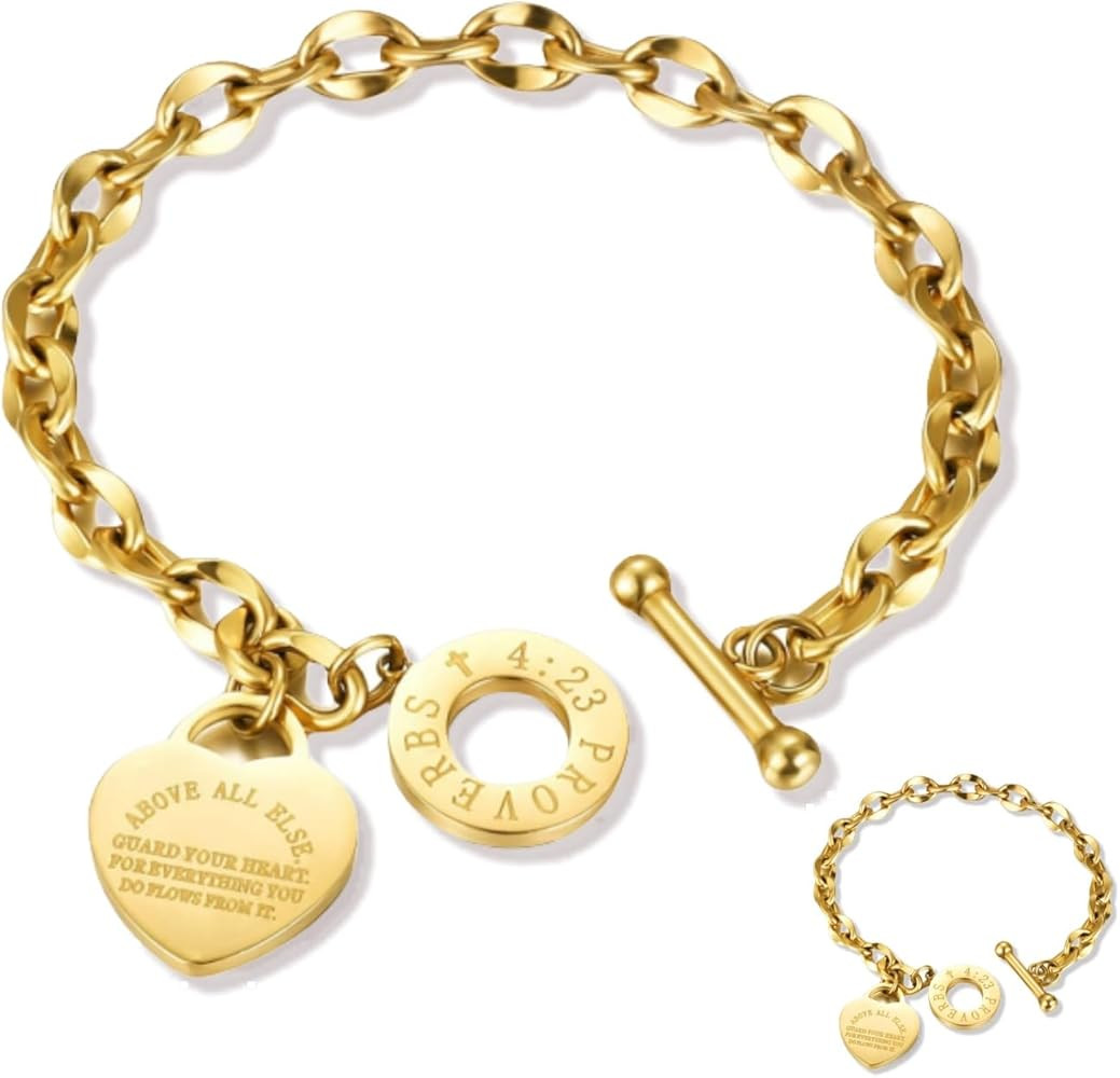 pichuxiu Heart Charm Bracelet Plated 18K Gold/Silver/Rose Gold Bible Scripture Heart Bracelet for... | Amazon (US)