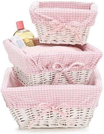 Set of 3 Baby Girl Nursery Storage Baskets - White Willow with Pink Cotton Gingham Fabric | Amazon (US)