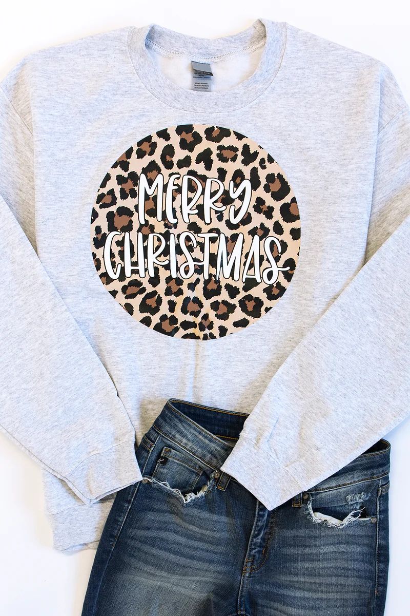 Merry Christmas Animal Print Circle Graphic Ash Sweatshirt | The Pink Lily Boutique