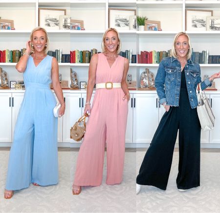 Amazon Wide Leg Jumpsuit (3 ways):
• jumpsuit - size small. Smocking in the back with button closure. 
• heels - tts. 
• jean jacket- size small. 
• sneakers - tts. 
• accessories linked (as much as possible)
* 2 piece set from beginning - size small  

#LTKfindsunder50 #LTKstyletip #LTKSeasonal