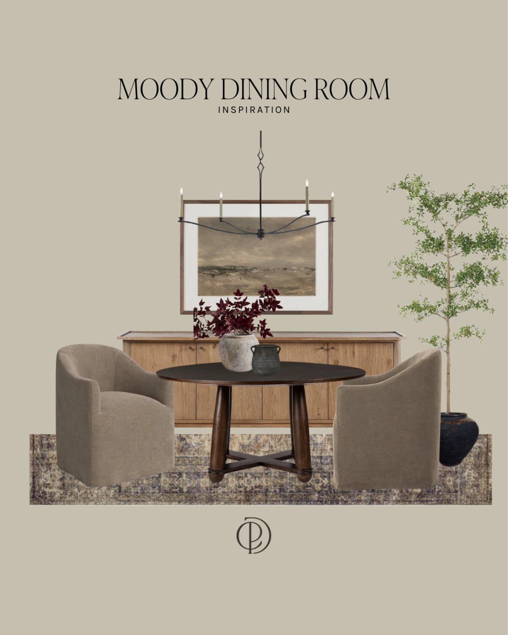 Moody Dining Room | Loloi Rug | Dark Stained Dining Table | Round Dining Table | Upholstered Dining Chairs | Curved Dining Chairs | Shady Lady Floor Plant | Landscape Art | Dining Room Light Fixtures | Black Light Fixtures | Light Wood Credenza | Buffet Table | Vintage Pottery | Moody Plant | CPD | Everyday Elevated |   

#LTKstyletip #LTKcanada #LTKcasa