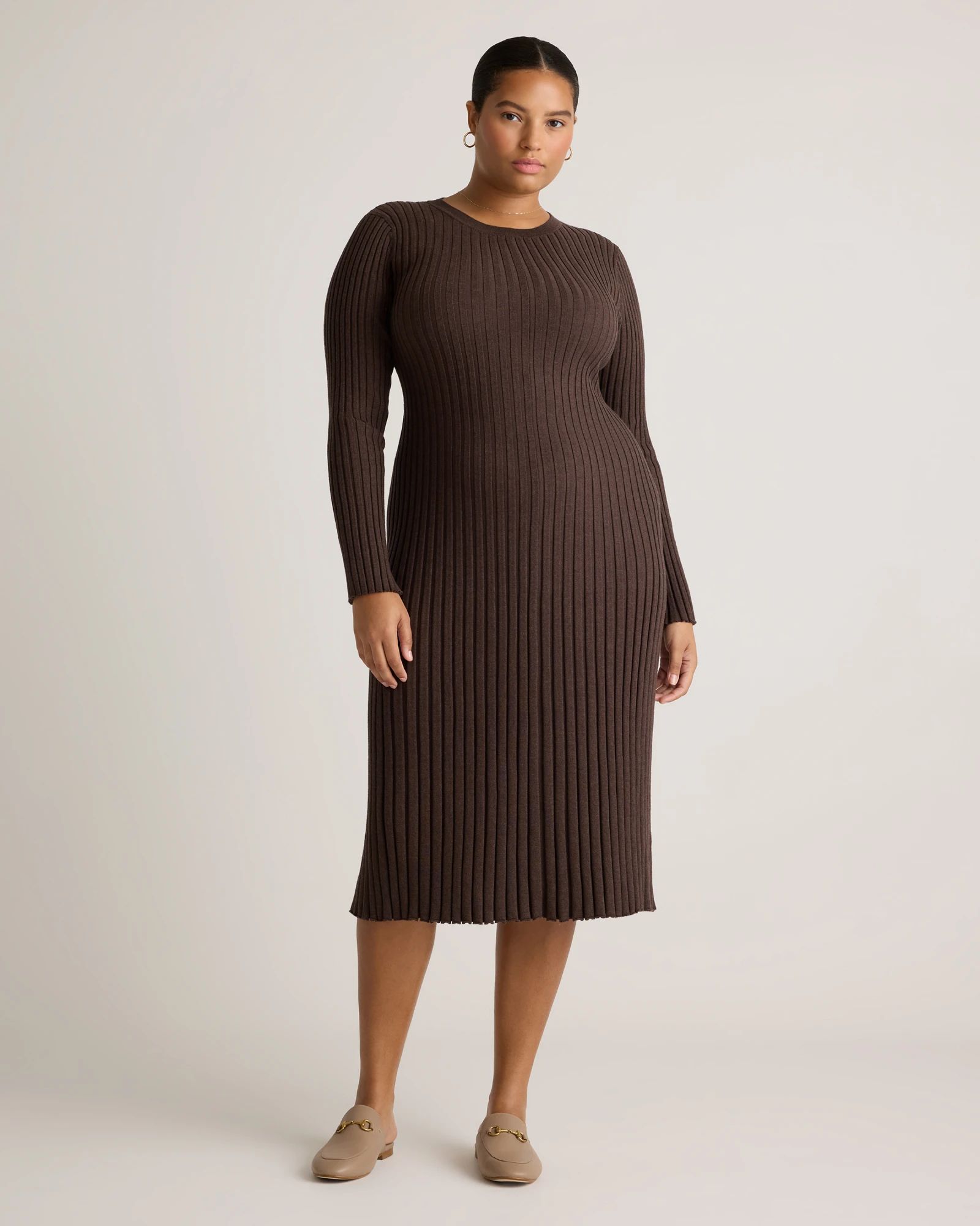 Cotton Cashmere Ribbed Long Sleeve Crew Midi Dress | Quince