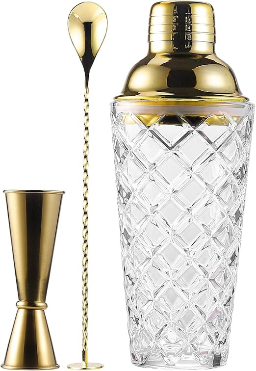 Glass Cocktail Shaker Set with Built-in Strainer – 16oz Thickened Pineapple Glass Shaker, Gold ... | Amazon (US)