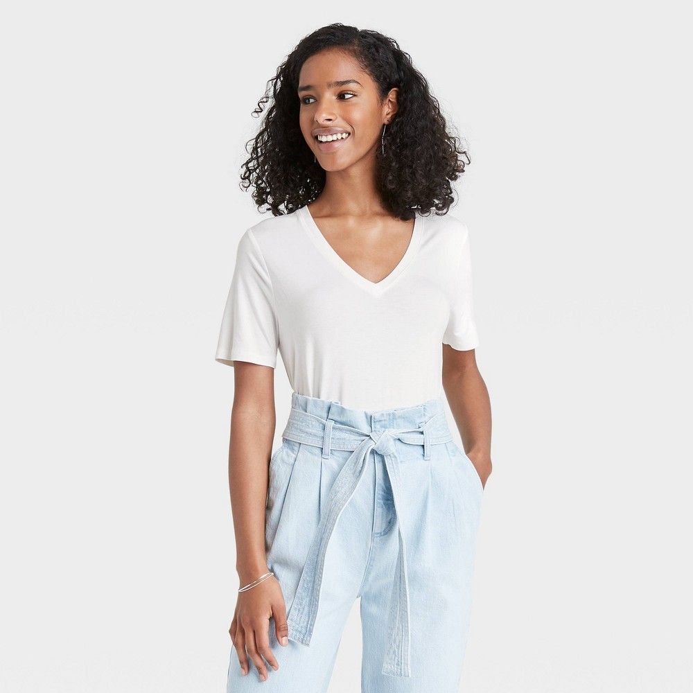 Women's Short Sleeve V-Neck T-Shirt - A New Day White XS | Target