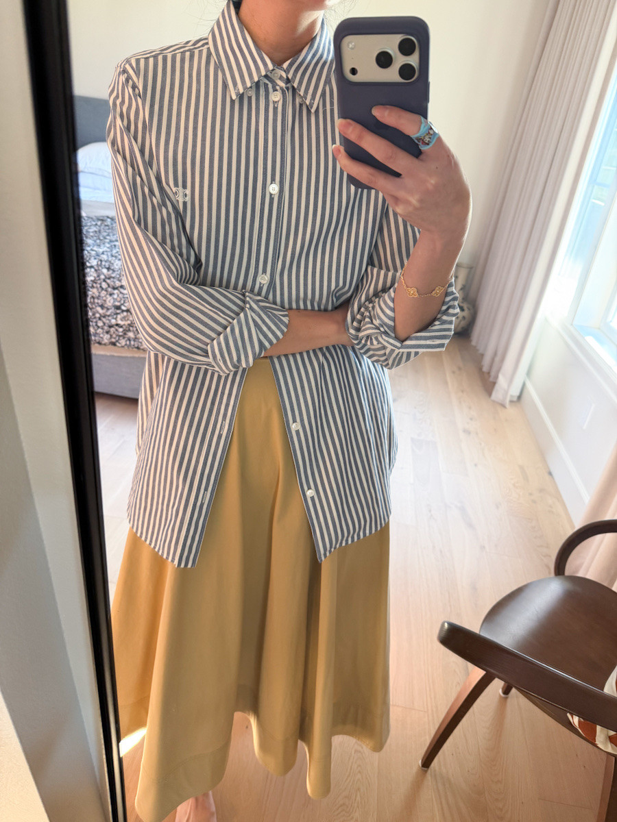 So many ways to style this base outfit: striped button down shirt, flowing midi skirt (63% off now!)

#classicstyle
#outfitformula
#midiskirt
#springoutfit
#stripedshirt

#LTKSeasonal #LTKootd #LTKSaleAlert