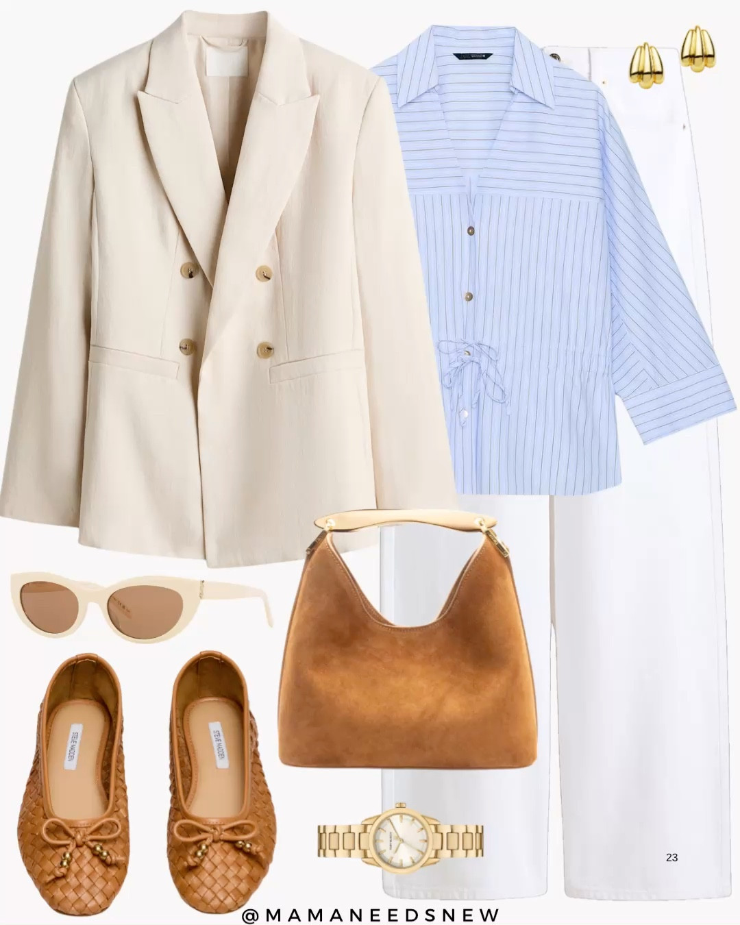 A spring outfit with a blazer, striped shirt, white jeans, suede top handle bag, woven flats 🩵

#LTKSpringSale #LTKSeasonal #LTKSaleAlert