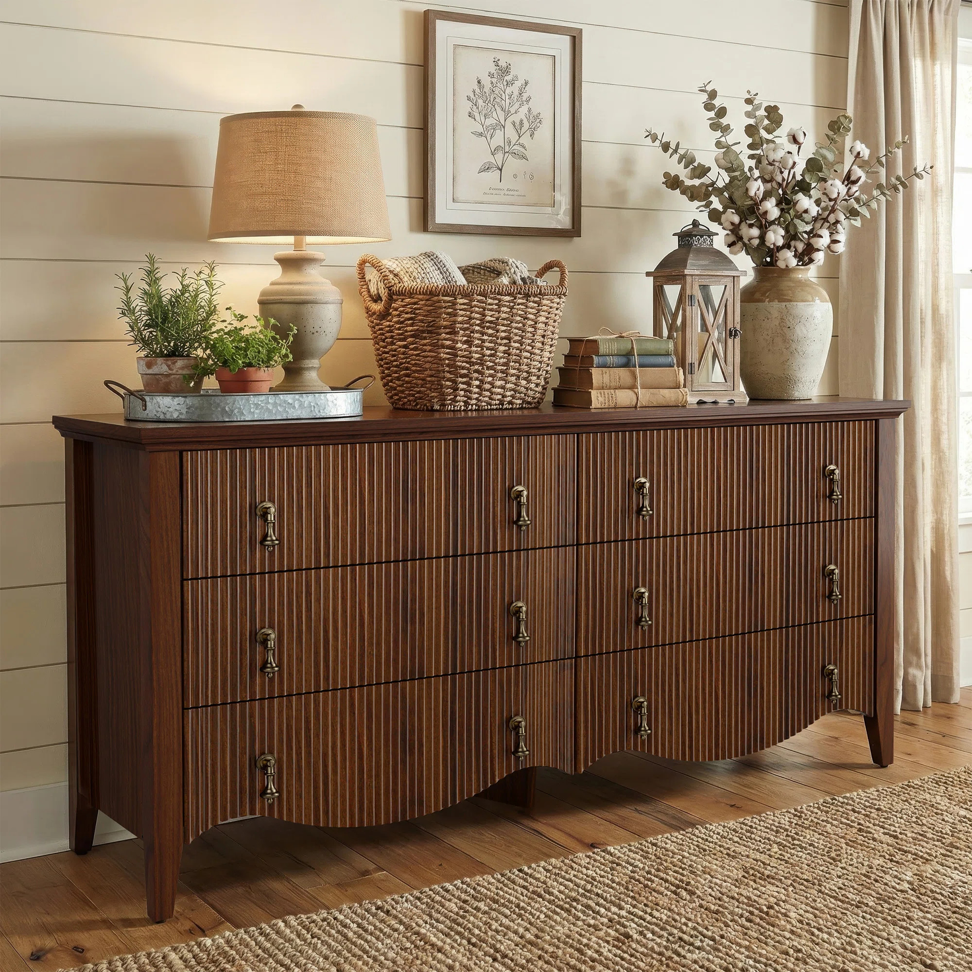 6-drawer Double Dresser With Fluted Design, Vintage Wide Chest Of Drawers With Scalloped Base, Or... | Wayfair North America