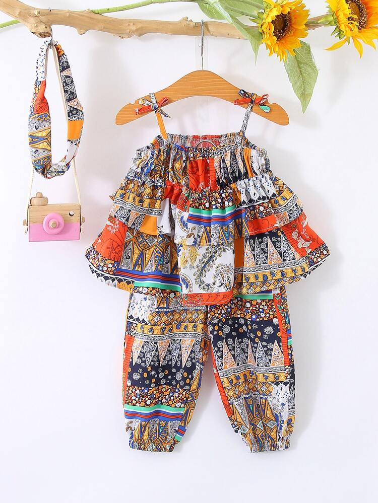 Baby Floral Print Ruffle Trim Cami Top & Pants & Accessory Headband | SHEIN