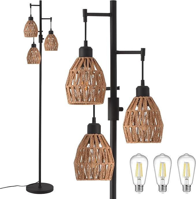 Boho Rattan Floor Lamp-Standing Lamps for Living Room 70'' Dimmable Floor Lamp with Cage Shade, I... | Amazon (US)