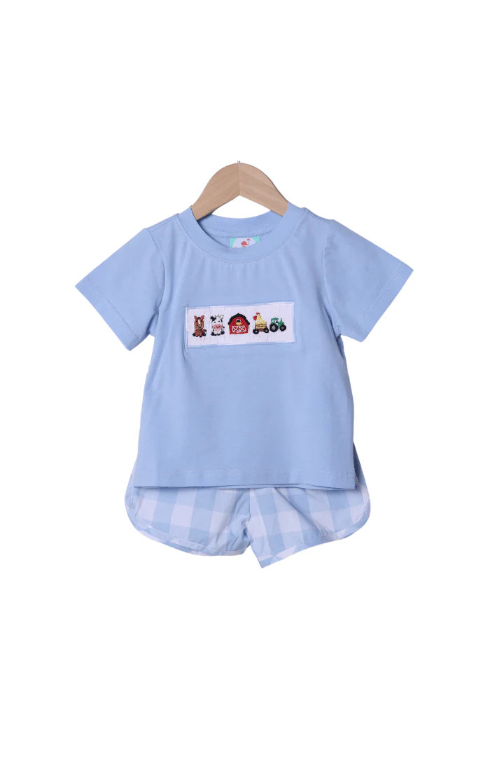 Smocked Farm Fun Blue Gingham Short Set | The Smocked Flamingo