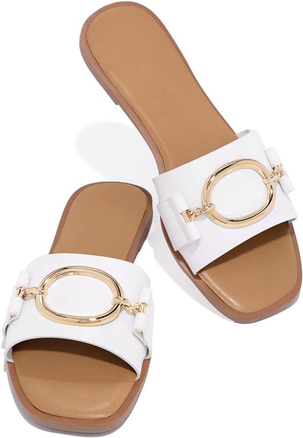 Amazon.com | Coutgo Womens Square Toe Dressy Summer Slide Sandals Flat Low Heel Big Metal Chain S... | Amazon (US)