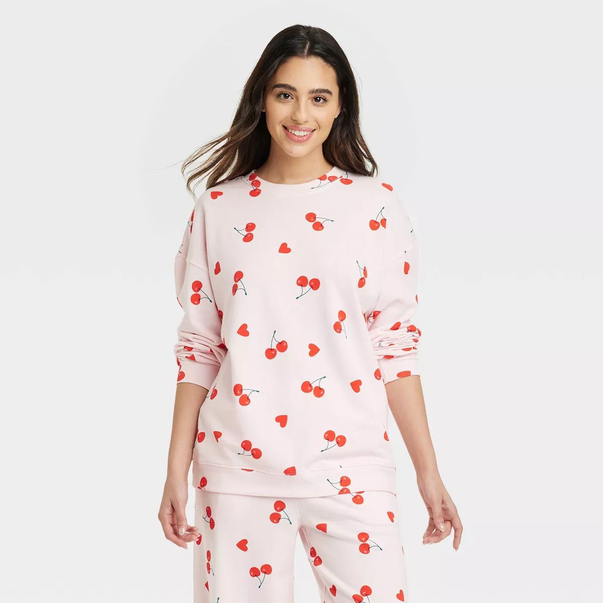 Women's Cherry Hearts Pattern Graphic Sweatshirt - Pink XL | Target