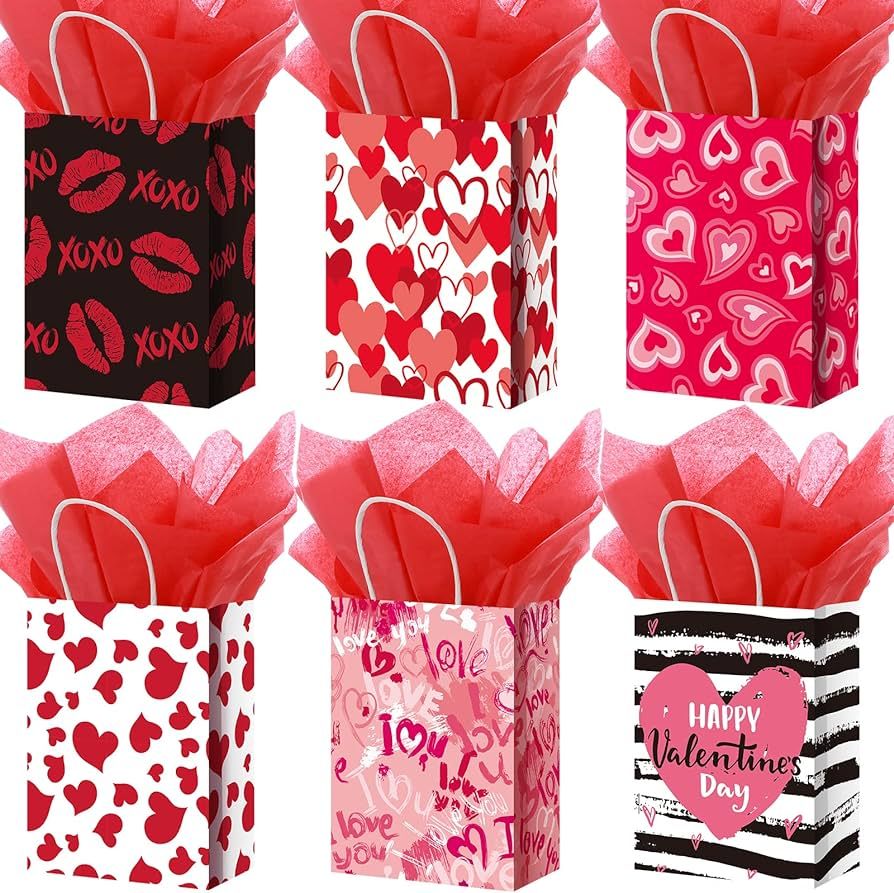 24 Pcs Valentines Day Gift Bag Valentines Kraft Paper Bags with Red Tissue Paper Heart Shaped Tre... | Amazon (US)